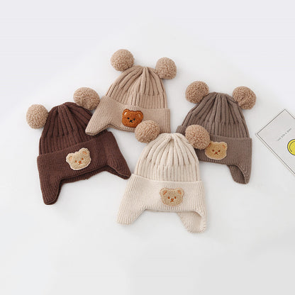 Baby Hat Warm Earflaps Cap Cute Bear Baby Knitted Woolen Cap