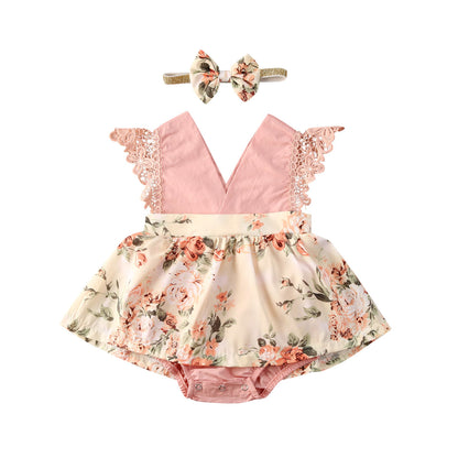 Girl Princess Clothes Baby Romper Girls Floral Lace V Neck Sleeveless  Jumpsuit Newborn Headband Kid Outfits Summer Clothing