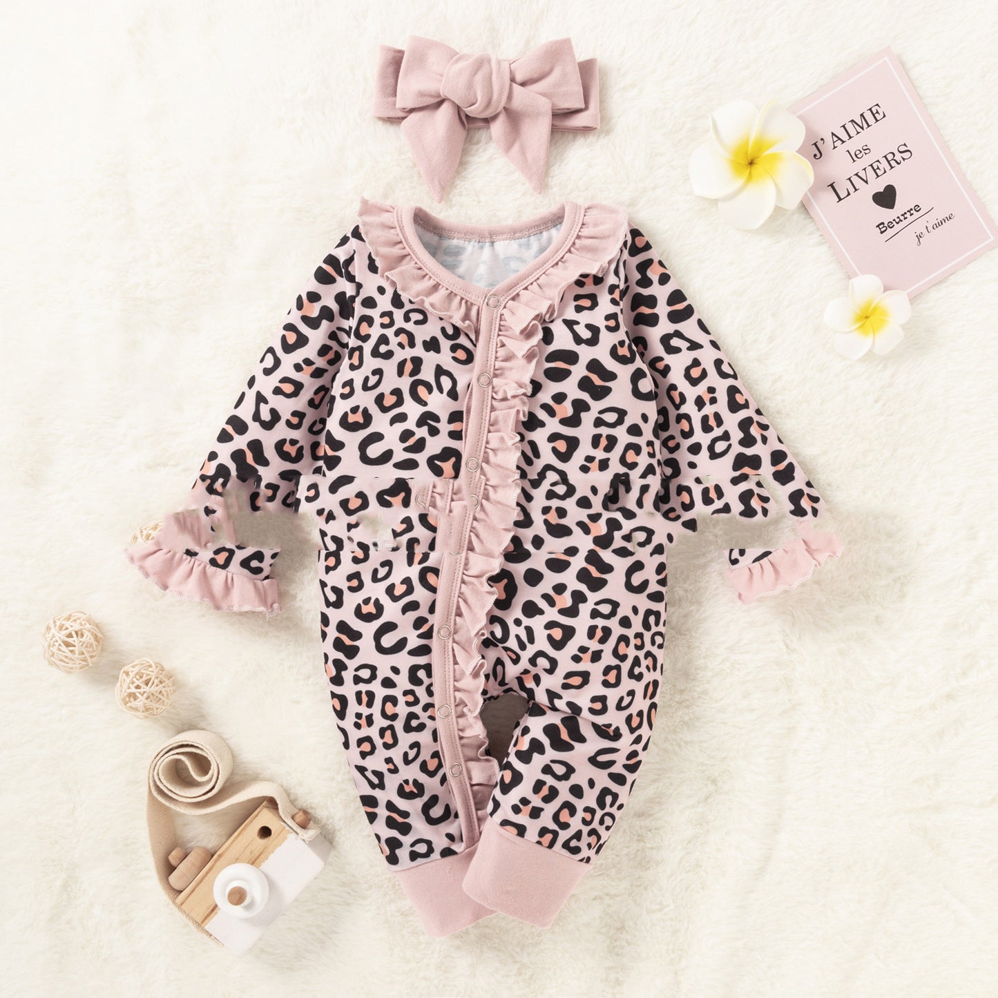 One-piece Leopard Print Single-row Long-sleeve Romper