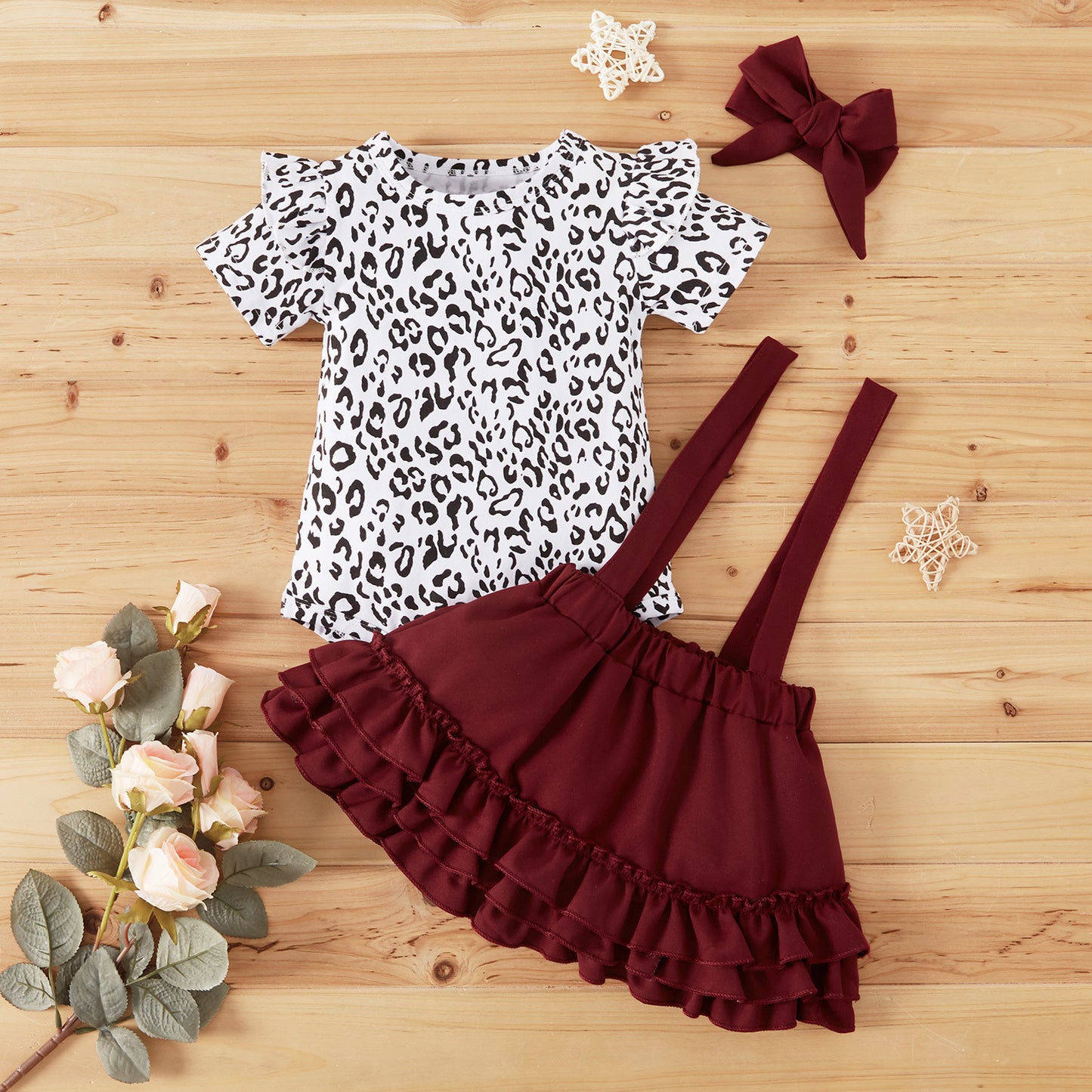 Leopard Print Full Burgundy Strap Skirt Belt Hair Accessory