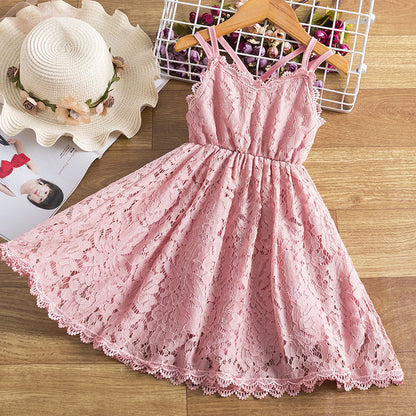 Children's Embroidered Skirt Lace Dress With Suspenders And Beautiful Back