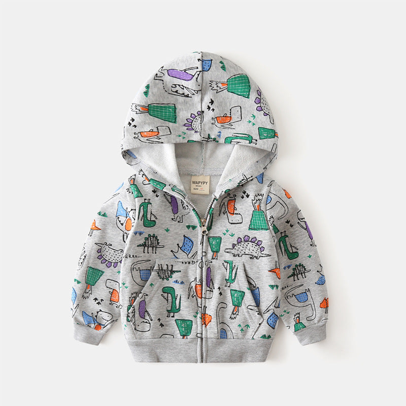 Boys Cartoon Full Print Hooded Zipper Shirt