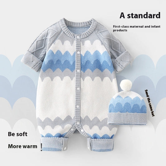 Baby Hooded Long-sleeved Knitted Cotton Jumpsuit Hat Suit